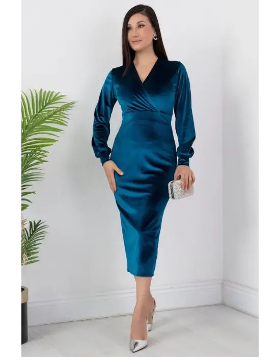 Kadın Kadife Kumaş Manşetli V Yaka Şık Kalem Elbise