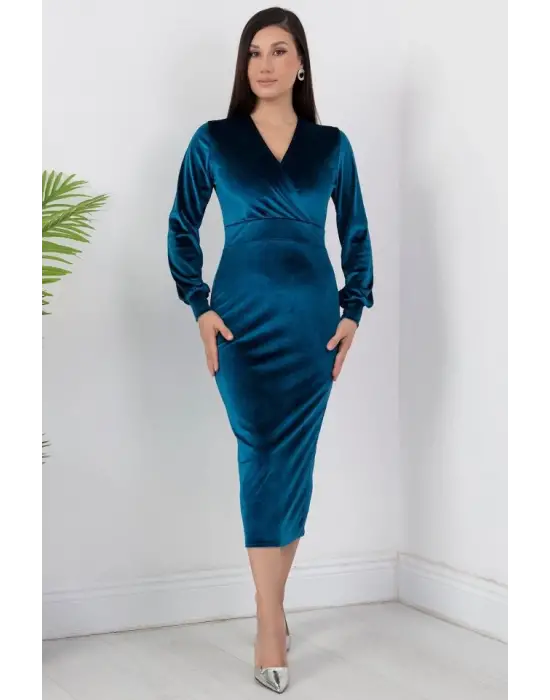 Kadın Kadife Kumaş Manşetli V Yaka Şık Kalem Elbise