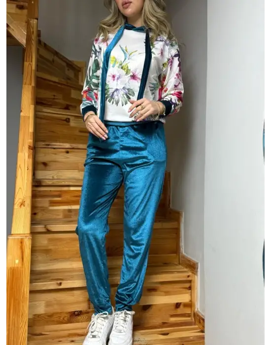 Kadın Kadife Kumaş Uzun Kollu Kapüşon Detay çiçek Baskılı Sweat Ve Pantolon Ikili Takım