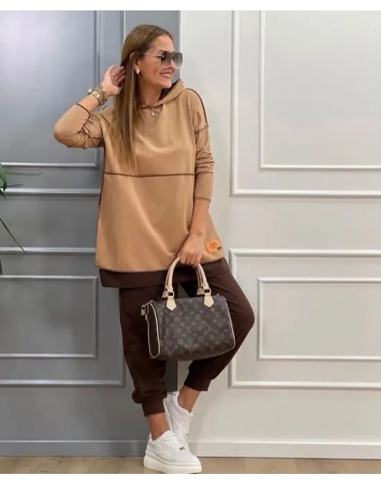 Kadın Kahve Kapşonlu Etek Ucu Detay Arma Ters Dikiş Gorunumlu Ikili Takım