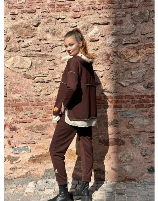 Kadın Kahve Kapşonlu Etek Ucu Detay Arma Ters Dikiş Gorunumlu Ikili Takım