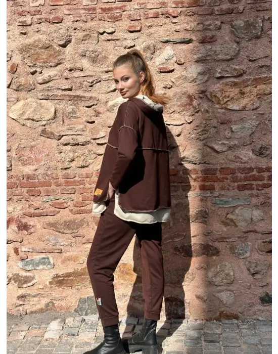 Kadın Kahve Kapşonlu Etek Ucu Detay Arma Ters Dikiş Gorunumlu Ikili Takım