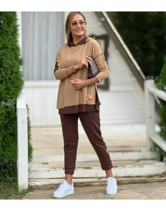 Kadın Kahve Kapşonlu Etek Ucu Detay Arma Ters Dikiş Gorunumlu Ikili Takım