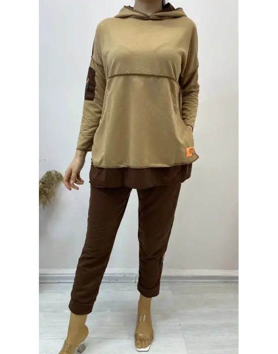 Kadın Kahve Kapşonlu Etek Ucu Detay Arma Ters Dikiş Gorunumlu Ikili Takım