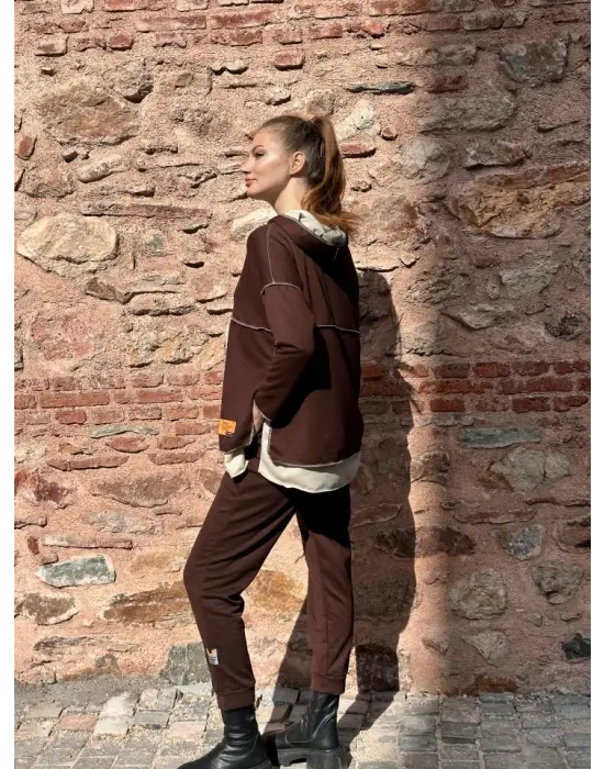 Kadın Kahve Kapşonlu Etek Ucu Detay Arma Ters Dikiş Gorunumlu Ikili Takım