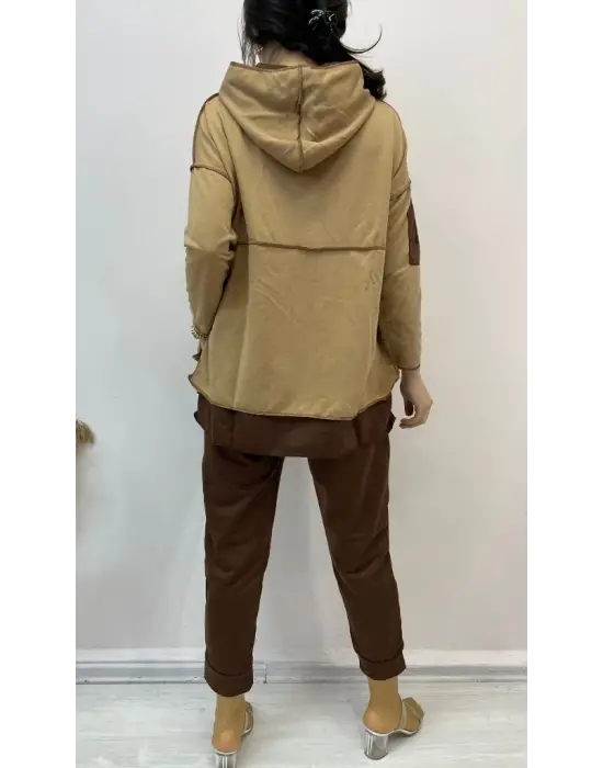 Kadın Kahve Kapşonlu Etek Ucu Detay Arma Ters Dikiş Gorunumlu Ikili Takım