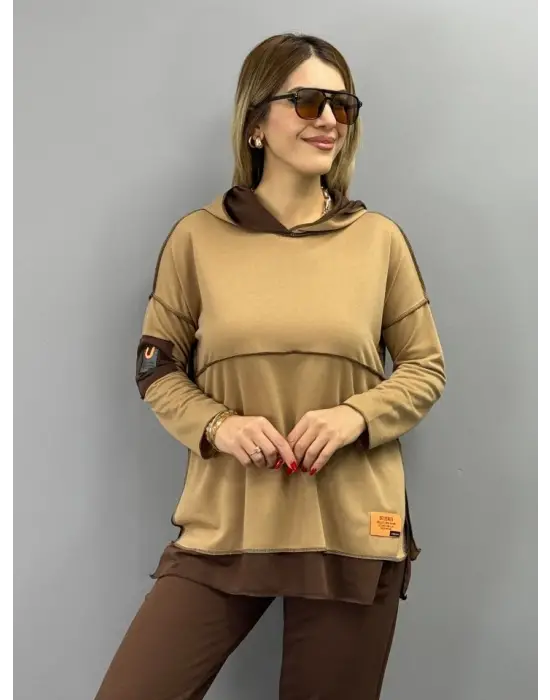 Kadın Kahve Kapşonlu Etek Ucu Detay Arma Ters Dikiş Gorunumlu Ikili Takım