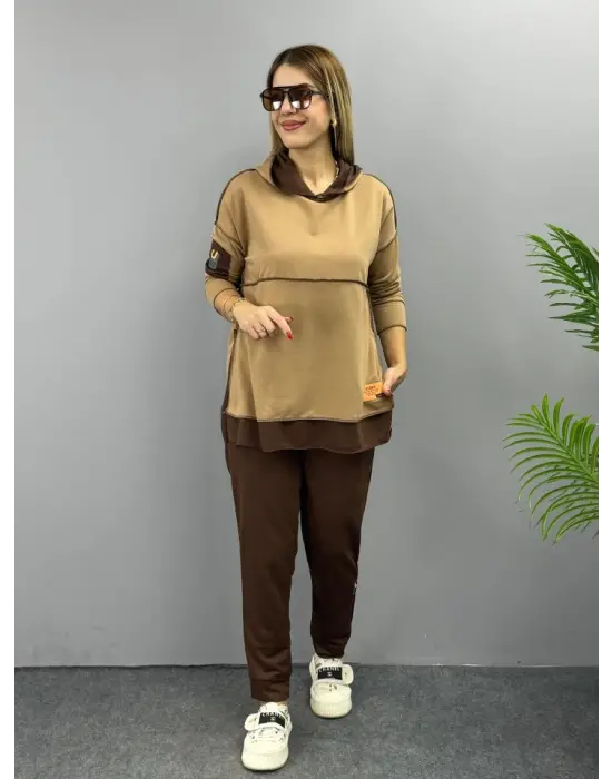 Kadın Kahve Kapşonlu Etek Ucu Detay Arma Ters Dikiş Gorunumlu Ikili Takım