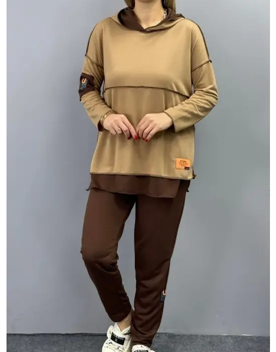 Kadın Kahve Kapşonlu Etek Ucu Detay Arma Ters Dikiş Gorunumlu Ikili Takım
