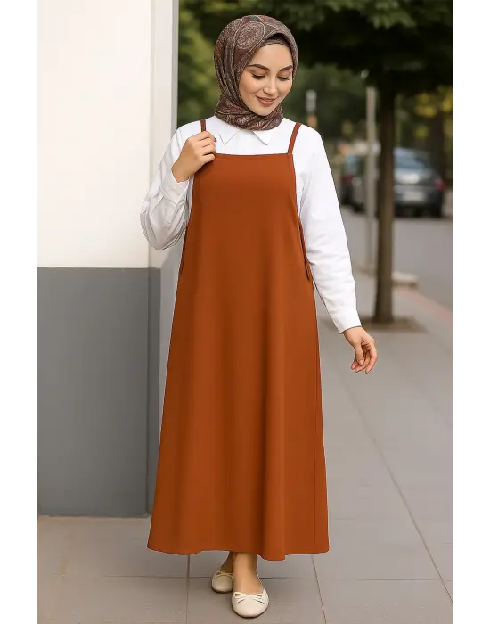 Kadın Kahverengi Basic Ayarlanabilir Askılı Jile Elbise