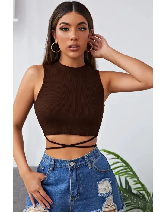 Omarı Şık Kahverengi Çapraz Bağlamalı Crop Top