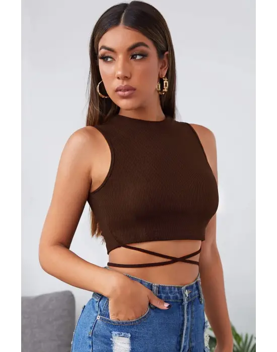 Omarı Şık Kahverengi Çapraz Bağlamalı Crop Top