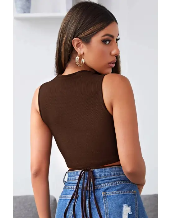 Omarı Şık Kahverengi Çapraz Bağlamalı Crop Top