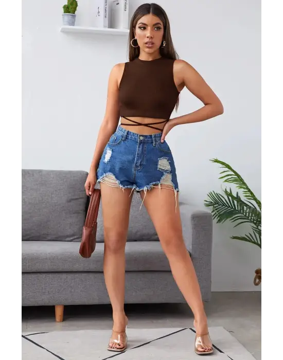 Omarı Şık Kahverengi Çapraz Bağlamalı Crop Top