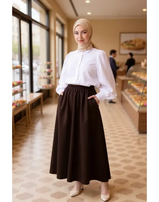 Kadın Kahverengi Double Kumaş Beli Lastikli Cepli Etek