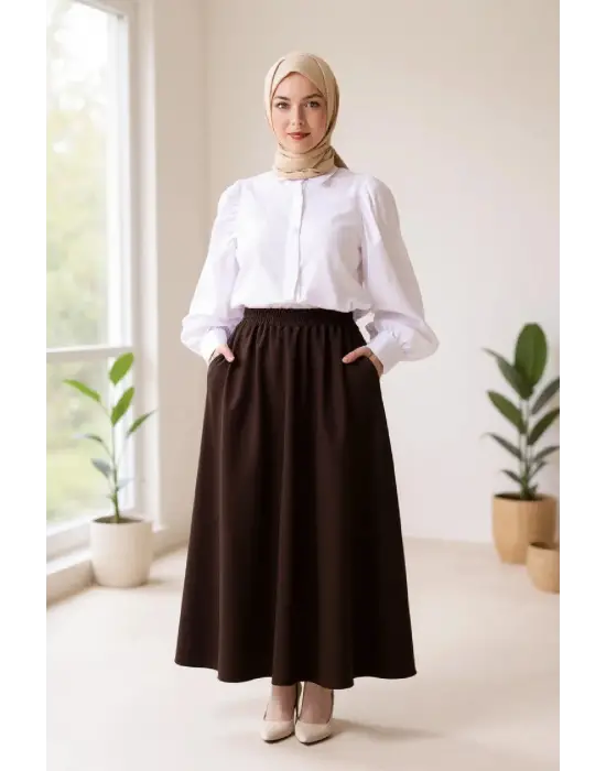 Kadın Kahverengi Double Kumaş Beli Lastikli Cepli Etek