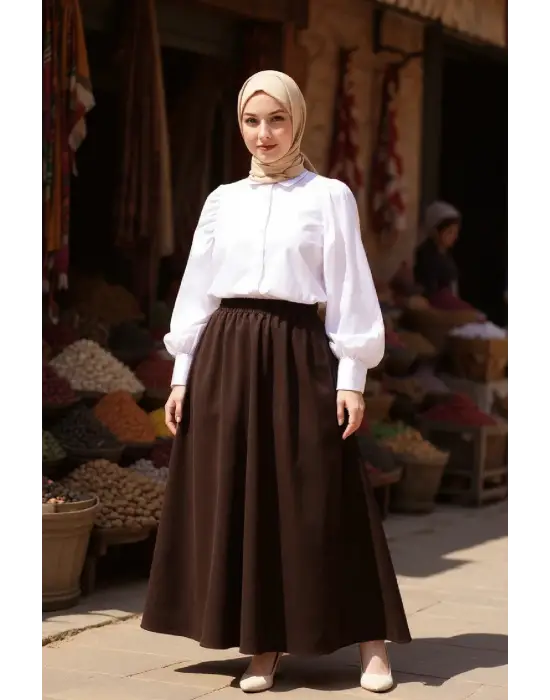 Kadın Kahverengi Double Kumaş Beli Lastikli Cepli Etek