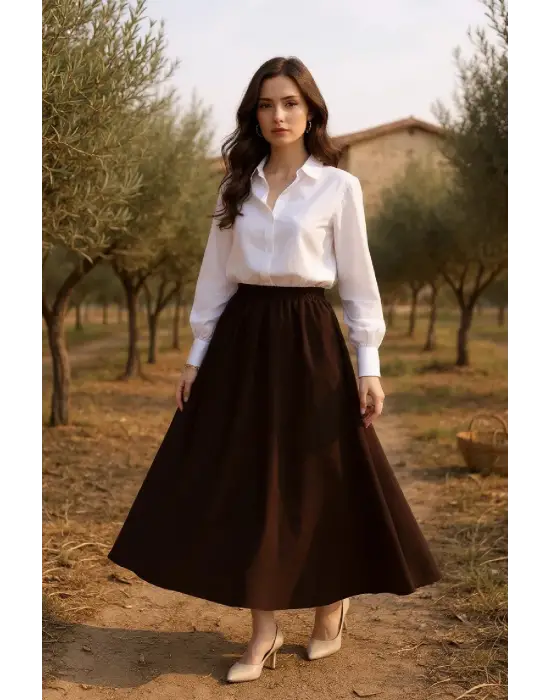 Kadın Kahverengi Double Kumaş Beli Lastikli Cepli Etek