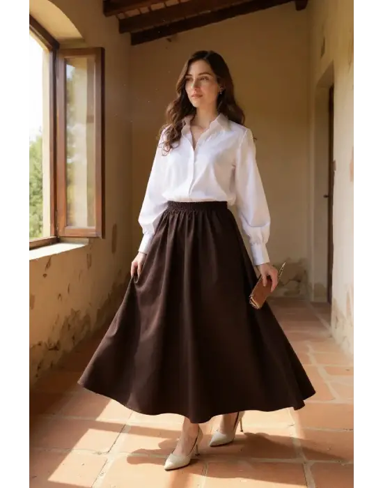 Kadın Kahverengi Double Kumaş Beli Lastikli Cepli Etek