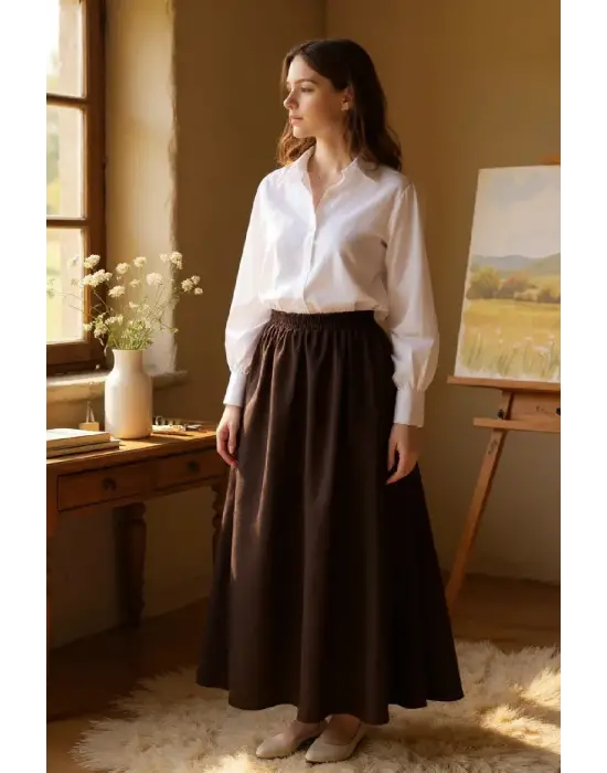 Kadın Kahverengi Double Kumaş Beli Lastikli Cepli Etek