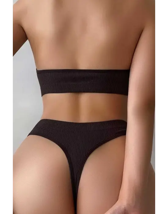 Omarı Yumuşak Dokulu Kahverengi Tanga Sütyen Takımı