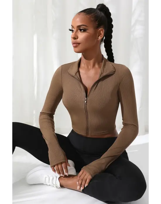 Omarı Kahverengi Uzun Kol Dik Yaka Crop Top Bluz