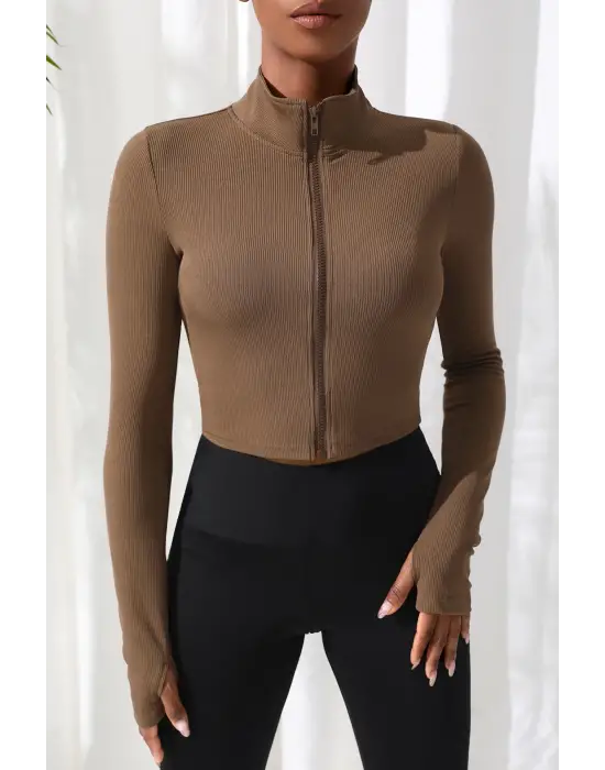 Omarı Kahverengi Uzun Kol Dik Yaka Crop Top Bluz