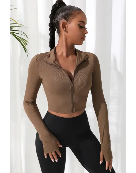 Omarı Kahverengi Uzun Kol Dik Yaka Crop Top Bluz