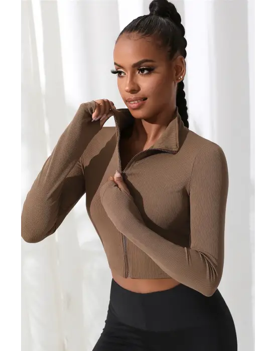 Omarı Kahverengi Uzun Kol Dik Yaka Crop Top Bluz