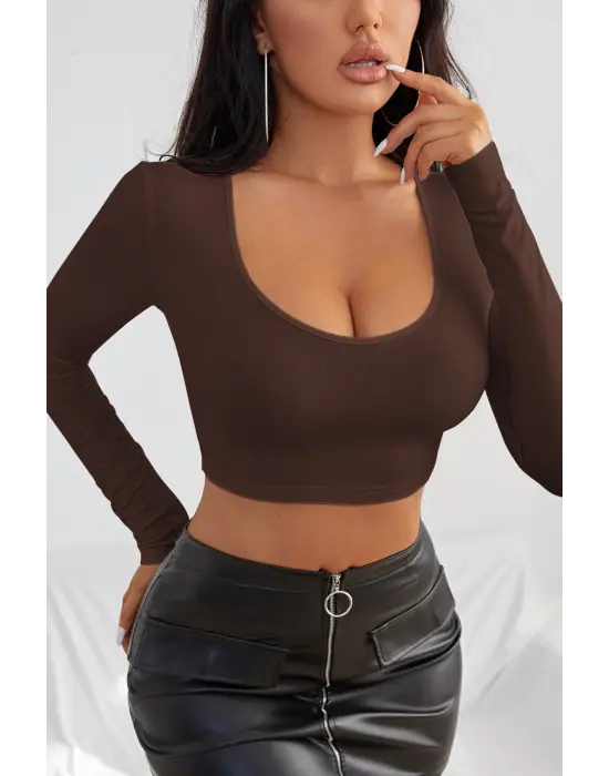 Omarı Yüksek Bel Jean Pantolon ile Şık Uyumuyla Kadın Kahverengi Crop Top Bluz