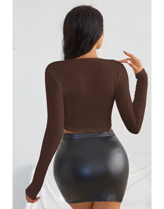 Omarı Yüksek Bel Jean Pantolon ile Şık Uyumuyla Kadın Kahverengi Crop Top Bluz