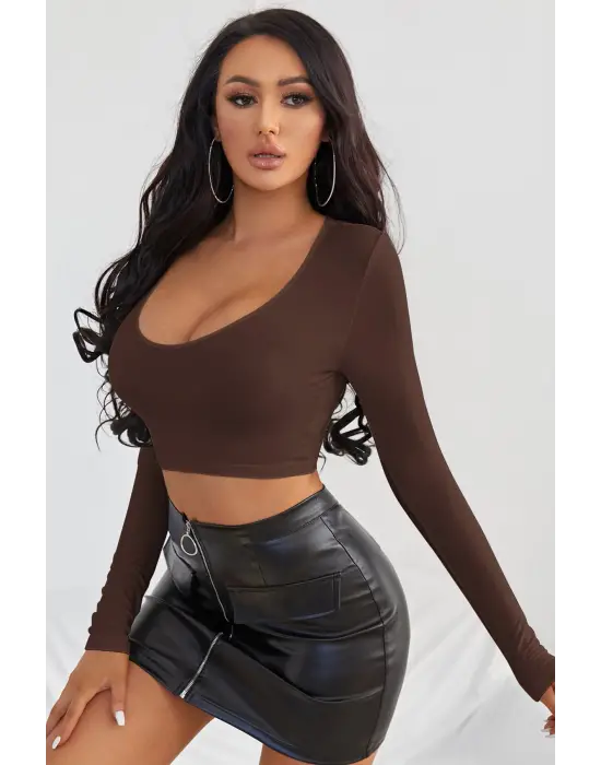 Omarı Yüksek Bel Jean Pantolon ile Şık Uyumuyla Kadın Kahverengi Crop Top Bluz