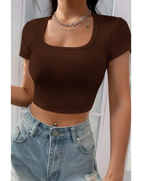 Omarı Yaz Stiline Uygun Kahverengi Crop Top Bluz