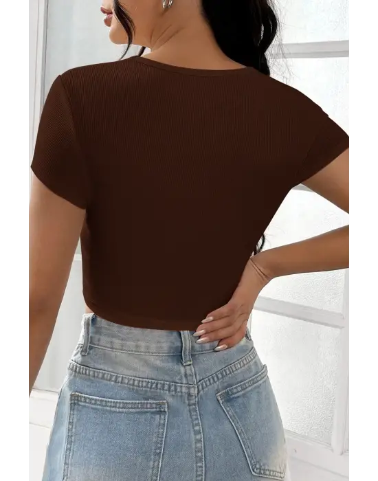 Omarı Yaz Stiline Uygun Kahverengi Crop Top Bluz