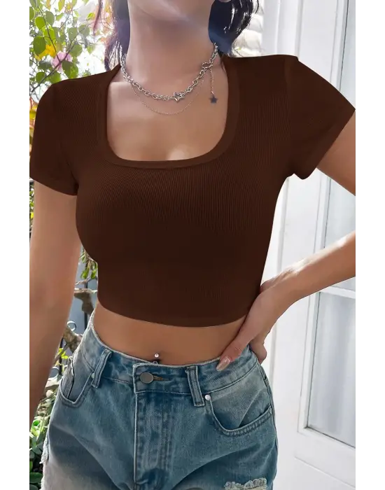Omarı Yaz Stiline Uygun Kahverengi Crop Top Bluz