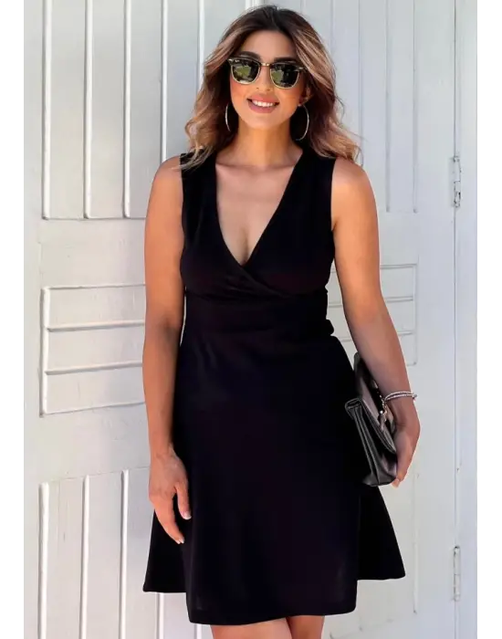 Kadın Kalın Askılı Kruvaze Yaka Eteği Volanlı Krep Elbise