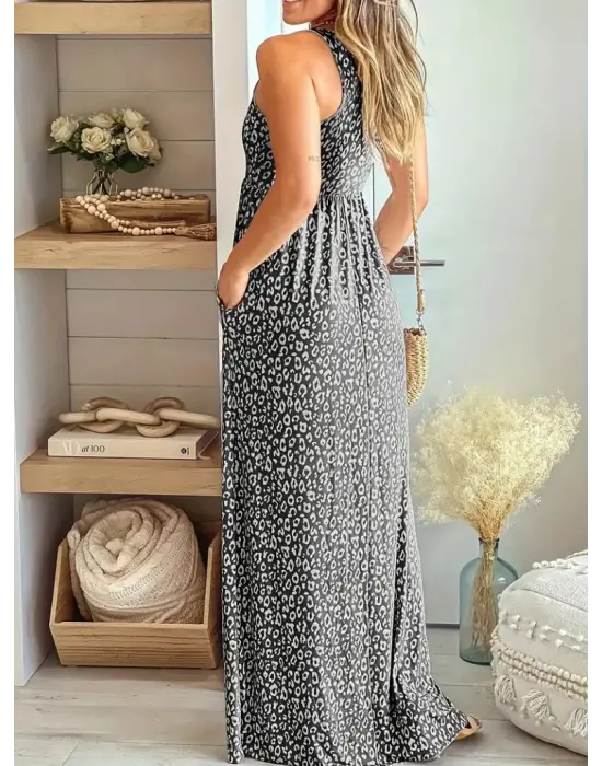 Kadın Kalın Askılı Yuvarlak Yaka Cepli Süprem Maksi Elbise