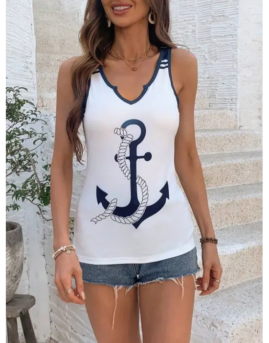 Kadın Kalp Yaka çıpa Baskılı Süprem Bluz