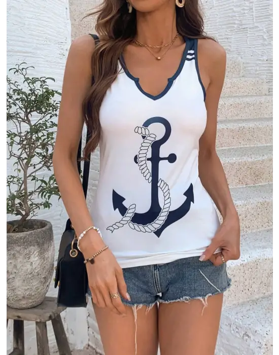 Kadın Kalp Yaka çıpa Baskılı Süprem Bluz