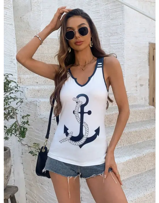 Kadın Kalp Yaka çıpa Baskılı Süprem Bluz