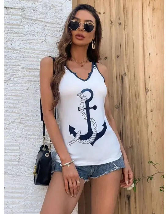 Kadın Kalp Yaka çıpa Baskılı Süprem Bluz