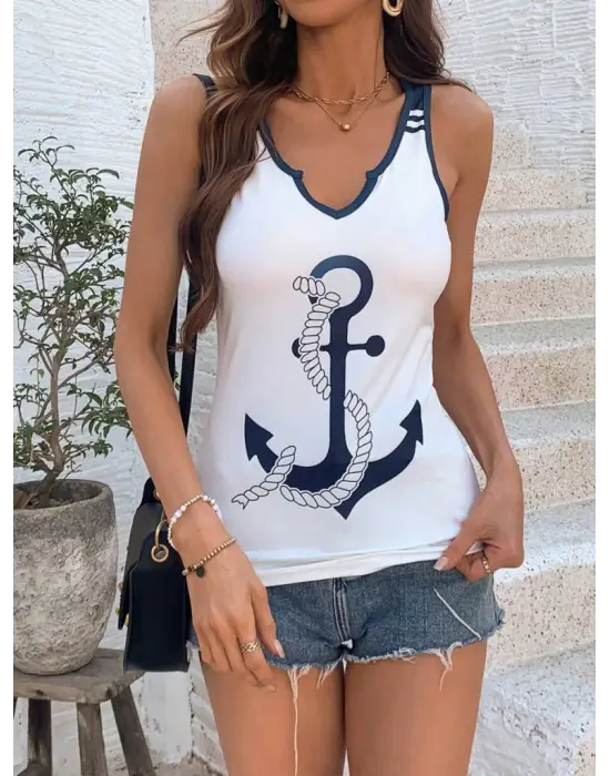 Kadın Kalp Yaka çıpa Baskılı Süprem Bluz