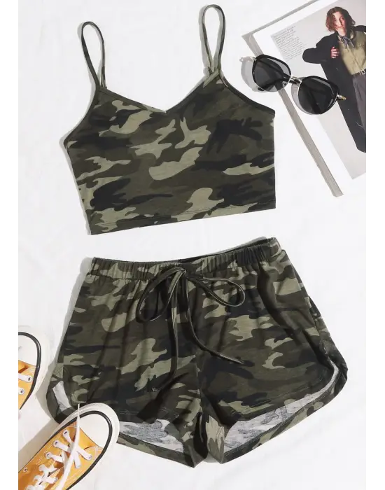 Omarı Kamuflaj Desenli Kadın Gecelik Takım