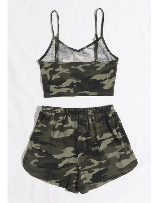 Omarı Kamuflaj Desenli Kadın Gecelik Takım