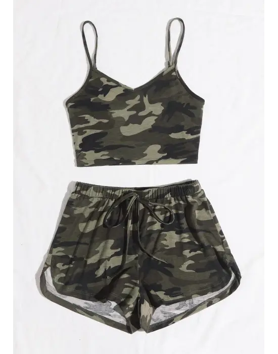 Omarı Kamuflaj Desenli Kadın Gecelik Takım