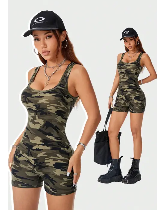 Omarı Kadın Kamuflaj Desenli Tulum Gecelik