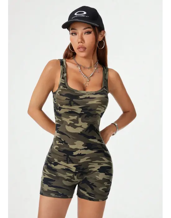 Omarı Kadın Kamuflaj Desenli Tulum Gecelik