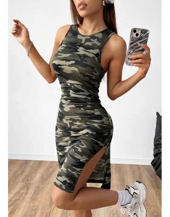 Omarı Kadın Kamuflaj Desenli Yırtmaçlı Diz Altı Gecelik