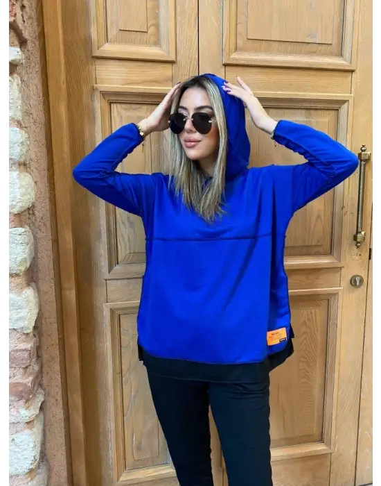 Kadın Kapşonlu Etek Ucu Detay Armalı Ters Dikiş Gorunumlu Ikili Takım