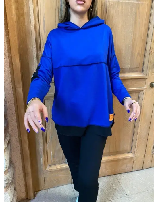 Kadın Kapşonlu Etek Ucu Detay Armalı Ters Dikiş Gorunumlu Ikili Takım